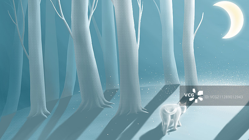 小猫在冬天的丛林走向月亮图片素材