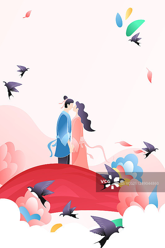七夕节牛郎织女相会鹊桥牵手拥抱情人节礼物中国风矢量插画图片素材
