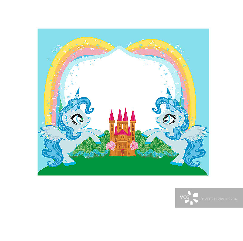 美丽的童话城堡和可爱的独角兽图片素材