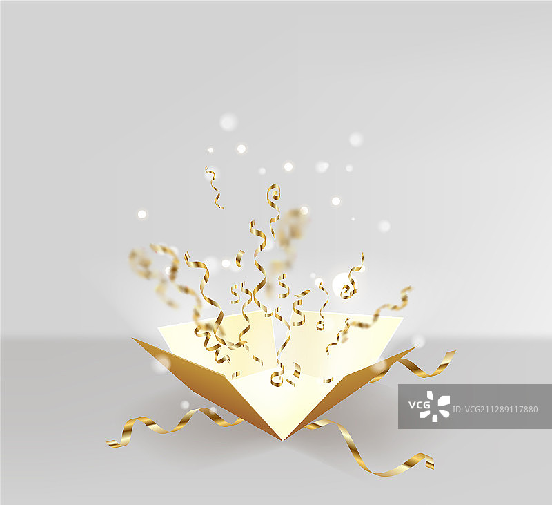 打开的盒子金色纸屑爆炸图片素材