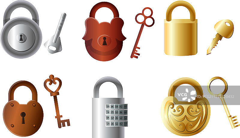 不同颜色的金色和银色锁与钥匙图片素材