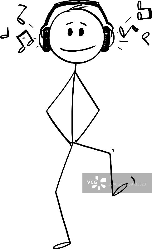 卡通快乐男人戴着大耳机走路图片素材
