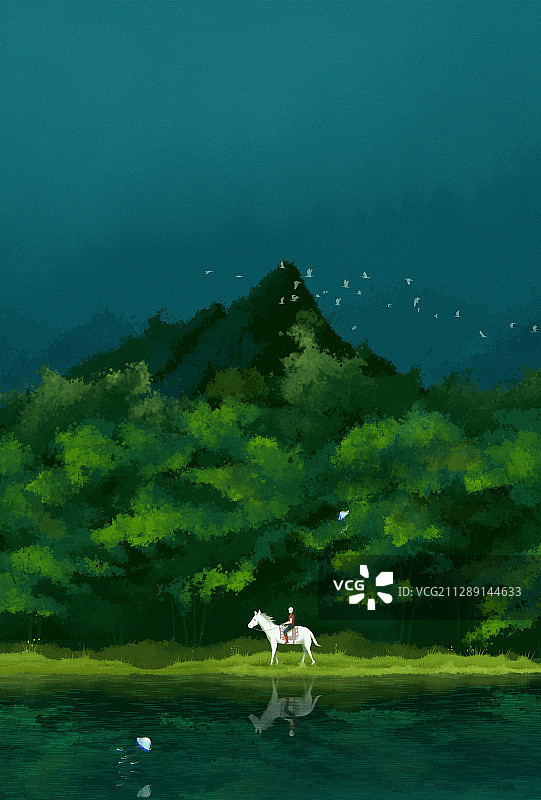 森林中骑马的少年创意插画图片素材