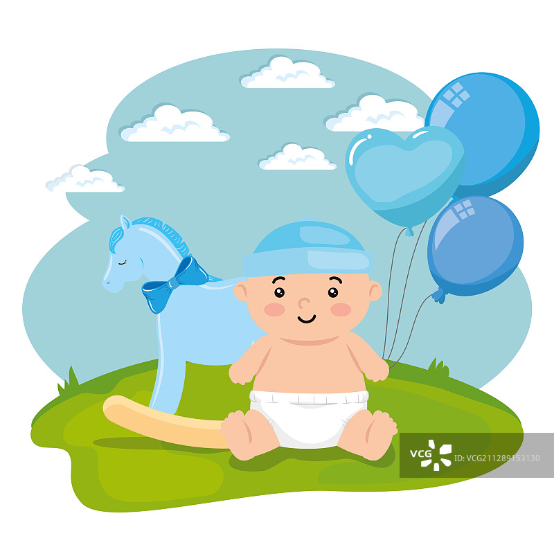 木制小马玩具和氦气球图片素材