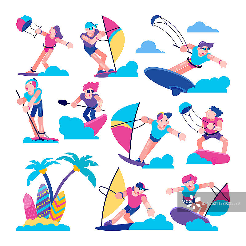 快乐的帆板运动者和风筝冲浪者图片素材