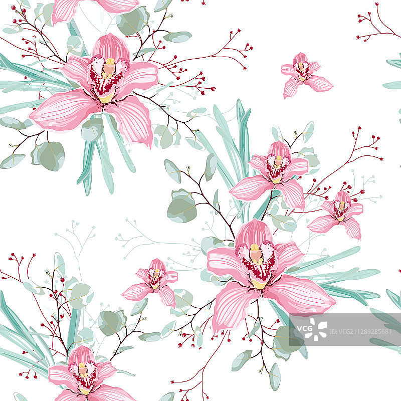 桉树和粉色兰花无缝图案图片素材