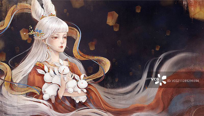 中秋节美人水墨中国风古风插图插画 夜晚图片素材