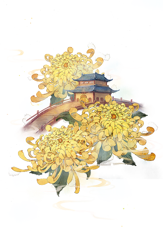 中秋节菊花楼阁水墨中国风古风元素插画图片素材