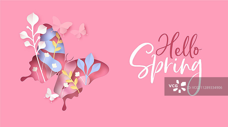 你好春天粉色蝴蝶剪纸卡片图片素材