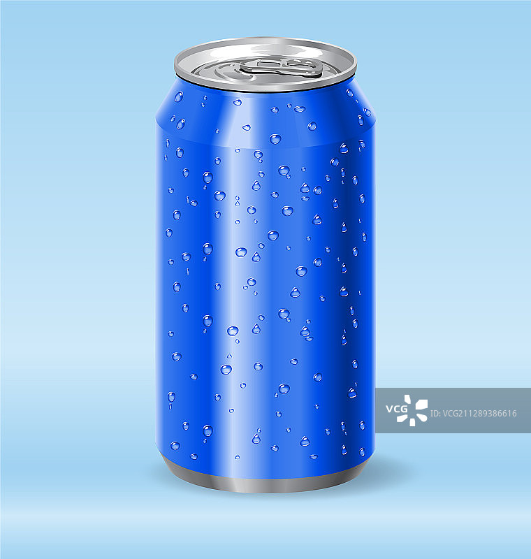 带有水滴的蓝色铝制苏打水罐图片素材