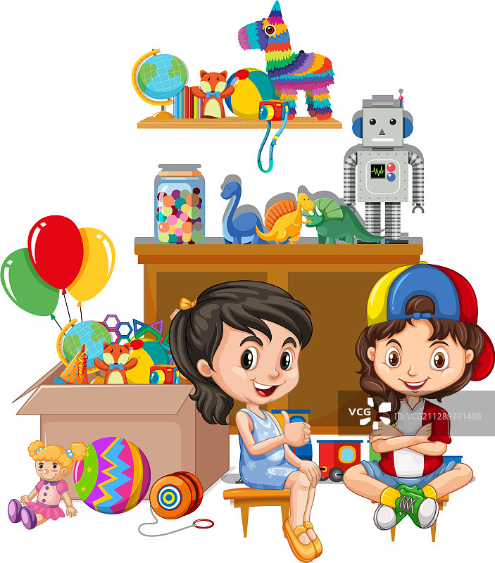 白色背景上的架子和装满玩具的盒子图片素材