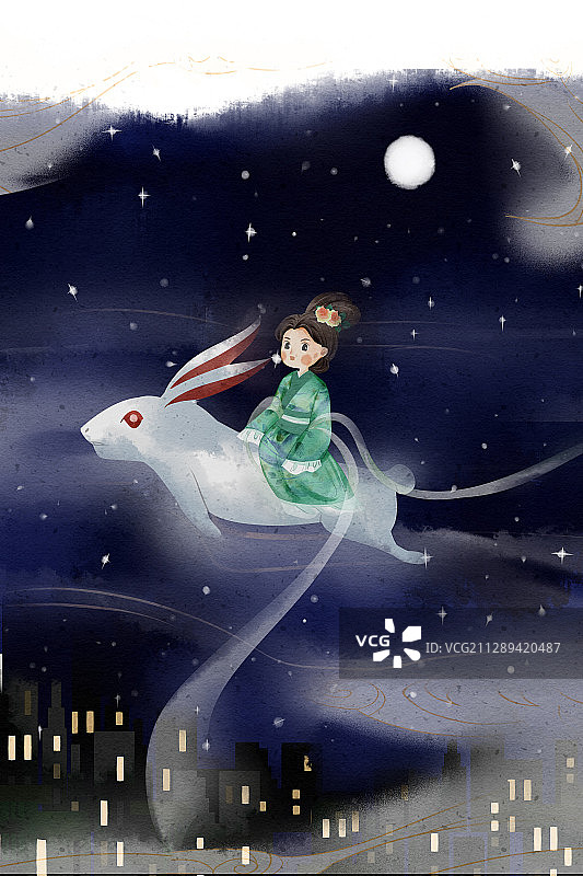 中秋节嫦娥与玉兔奔月插画图片素材