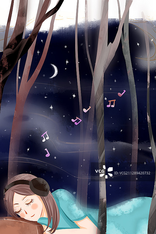夜晚女孩惬意睡眠插画图片素材