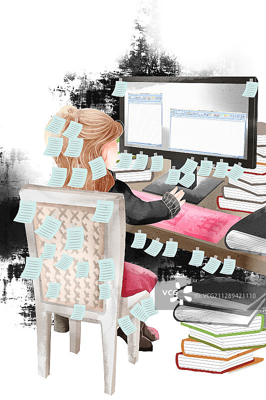 女孩在电脑前工作插画图片素材