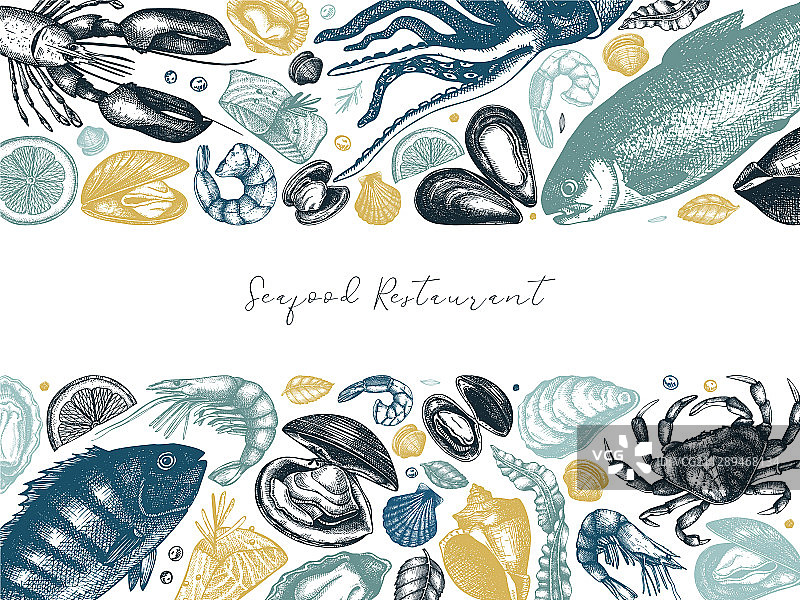 彩色手绘海鲜框架设计图片素材