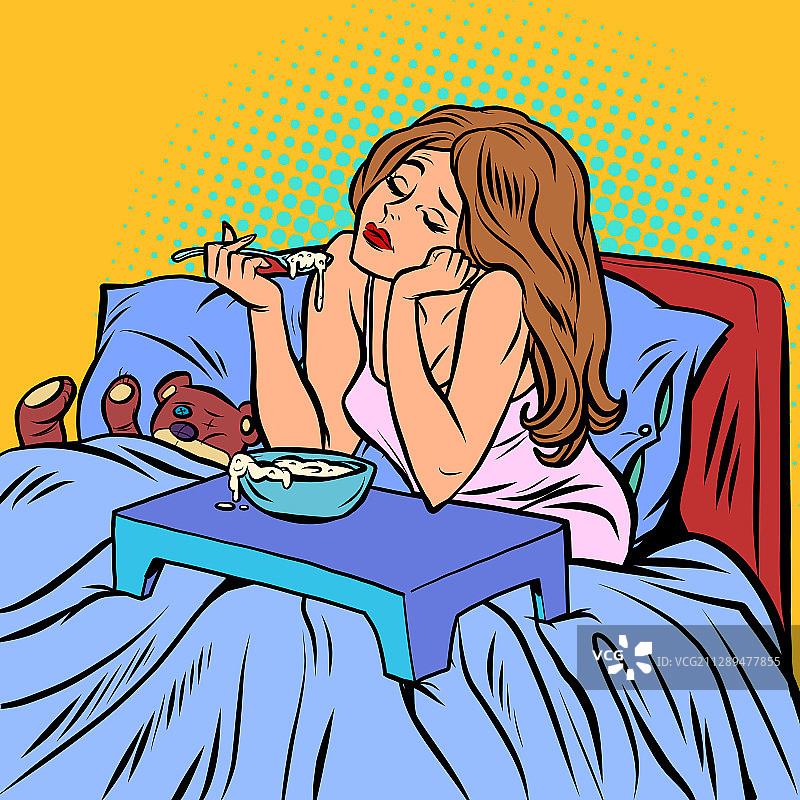 在床上吃粥早餐的女人图片素材