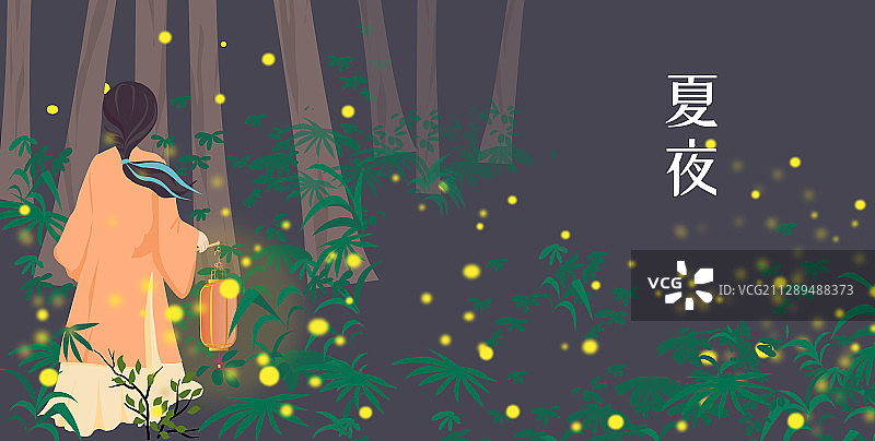 夏天夏至萤火虫中国风汉服矢量横版有字图片素材