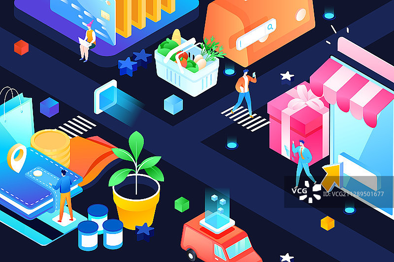 卡通2.5D等距邀请好友购物电商促销概念背景矢量插画图片素材