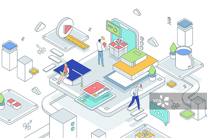 卡通2.5D等距在线教育学习课程知识辅导补习培训矢量插画图片素材