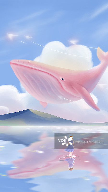 明亮背景下粉红色的鲸鱼游在湖面上图片素材