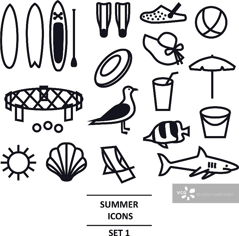 夏季图标黑色线条集：旅行与假期图片素材