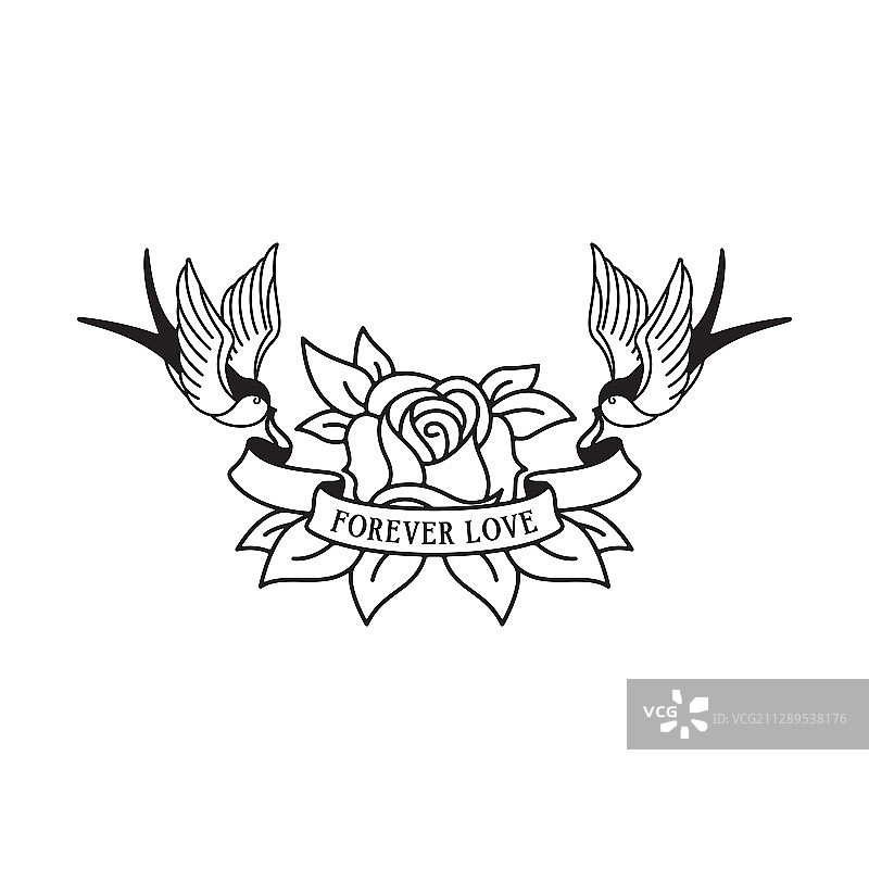 燕子与玫瑰纹身，文字为“永恒的爱”图片素材