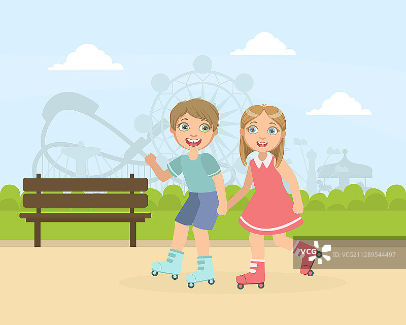 男孩和女孩在公园里玩滑轮图片素材