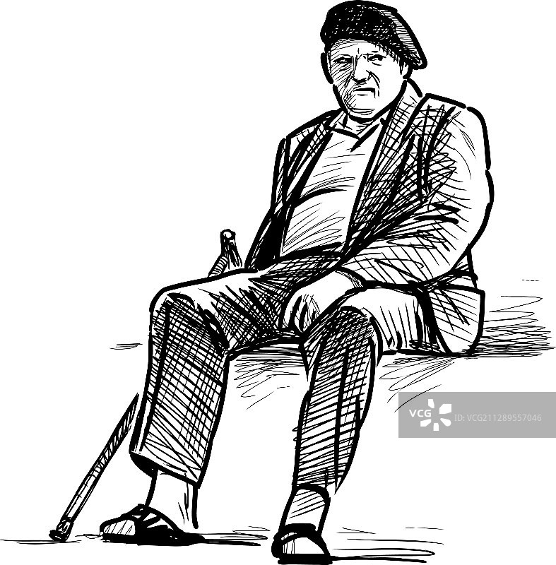 手绘老人拄着拐杖坐着图片素材