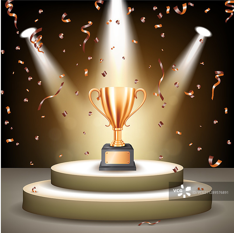 带五彩纸屑舞台上的逼真青铜奖杯图片素材