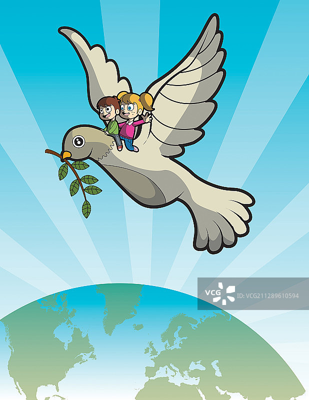 地球上鸽子上的孩子们插画图片素材