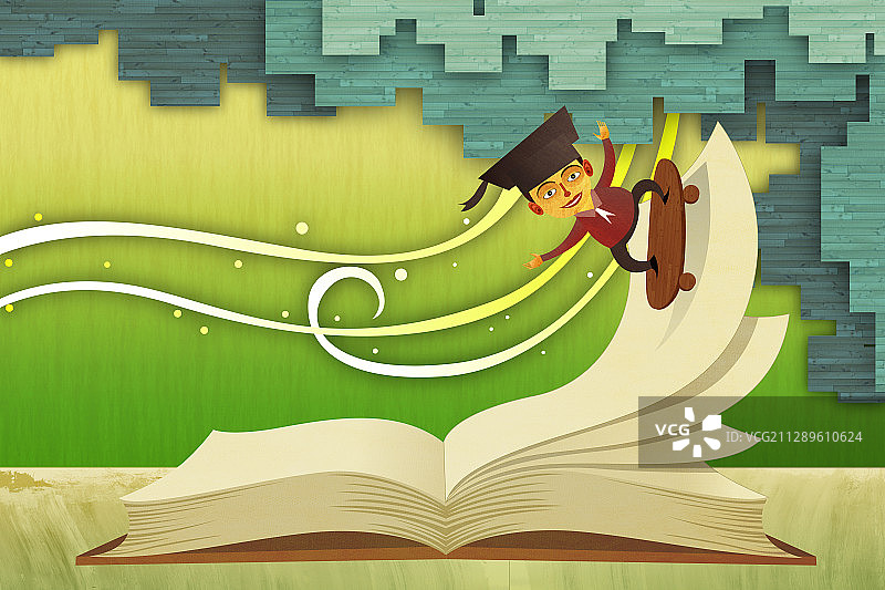 男性毕业生在打开的书上玩滑板插画图片素材