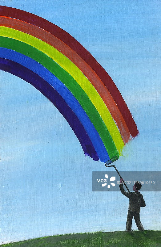 男人在天空中绘制彩虹插画图片素材