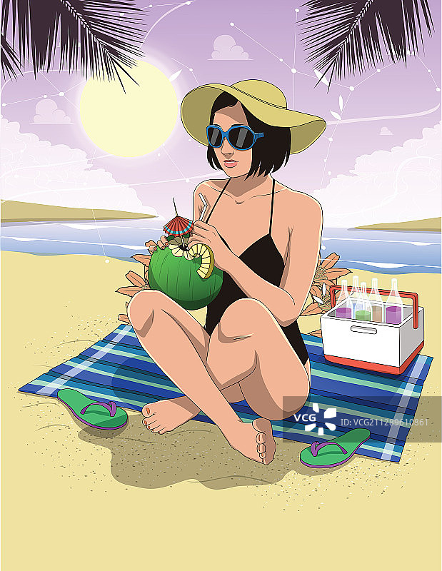 在海滩喝椰子汁的女人插画图片素材
