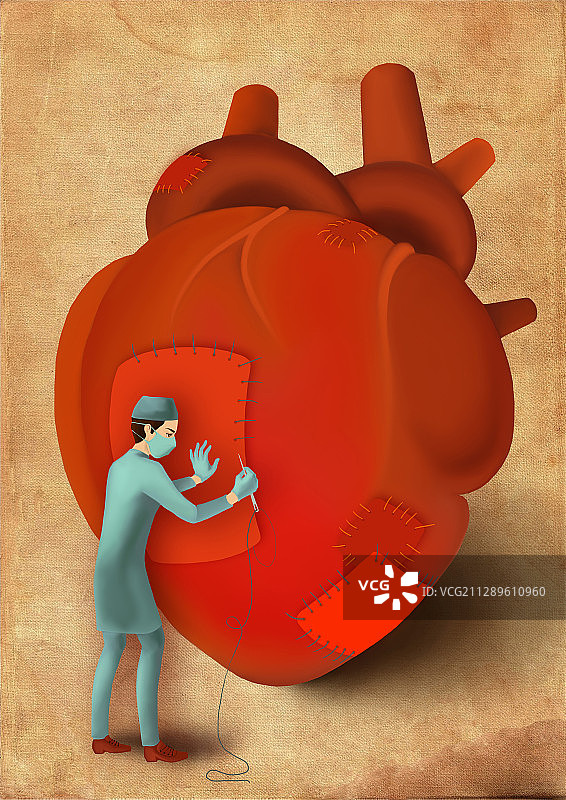 男外科医生缝合心脏插图图片素材
