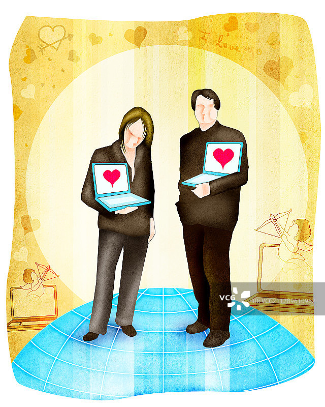 男人和女人拿着笔记本电脑插画图片素材