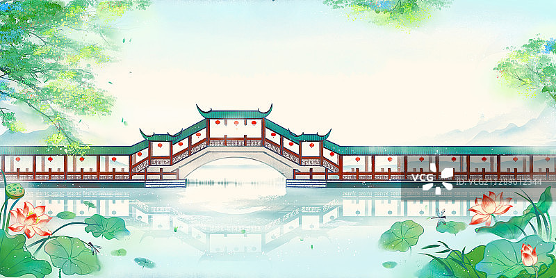 中国风唯美荷花古建筑手绘插画图片素材