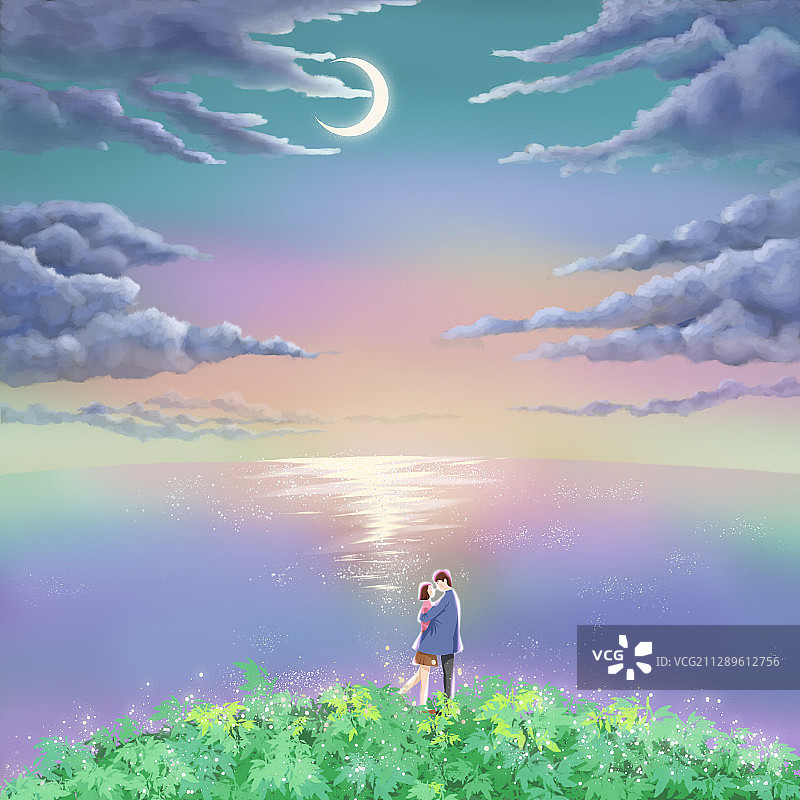 一对情侣在彩色的湖前拥抱图片素材