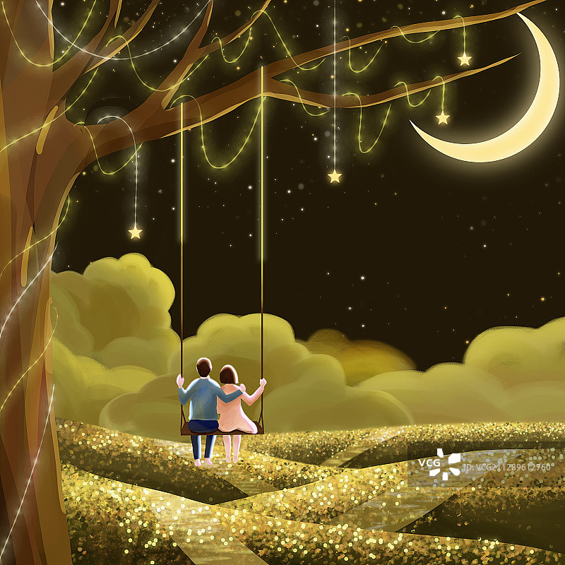 一对情侣在金色夜晚荡秋千图片素材