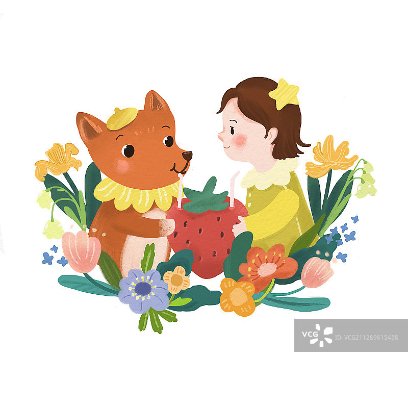 小狐狸与小女孩的草莓饮品图片素材