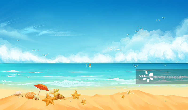 海边沙滩上的贝壳背景创意插画图片素材