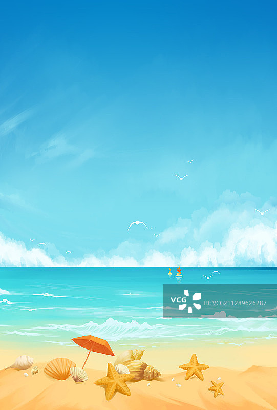 海边沙滩上的贝壳背景创意插画图片素材