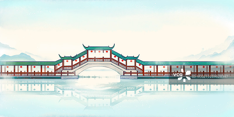 唯美古桥水墨画图片素材