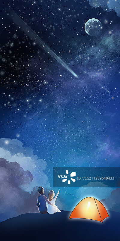 夏夜山顶看星星的情侣图片素材
