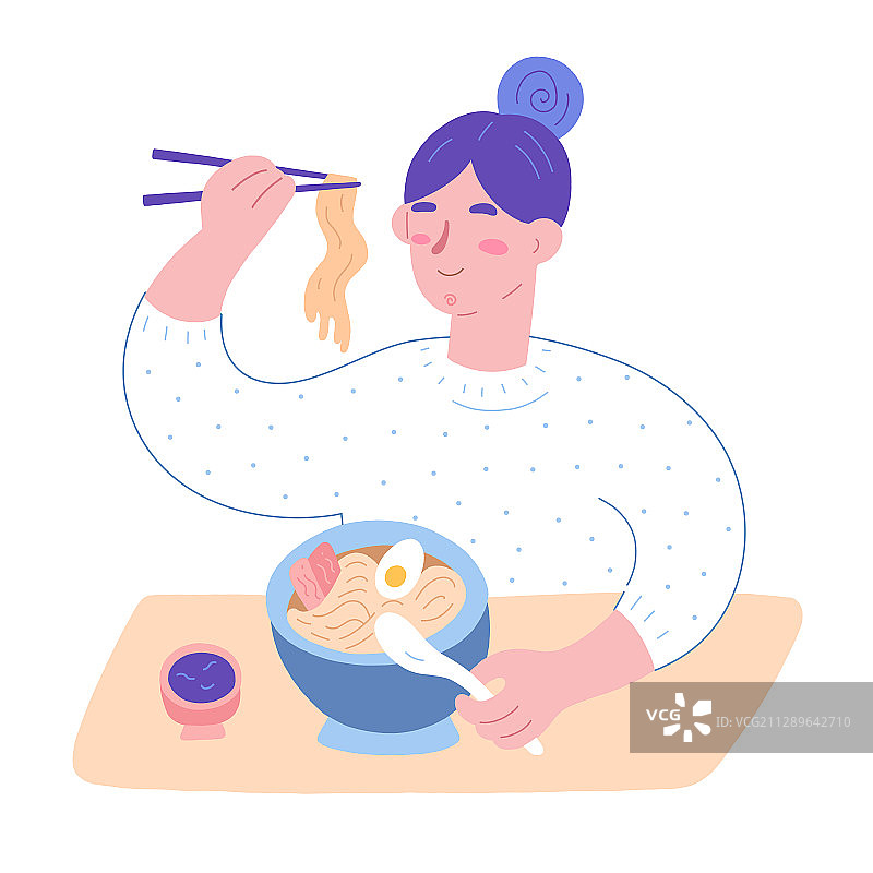 女人吃日式拉面图片素材