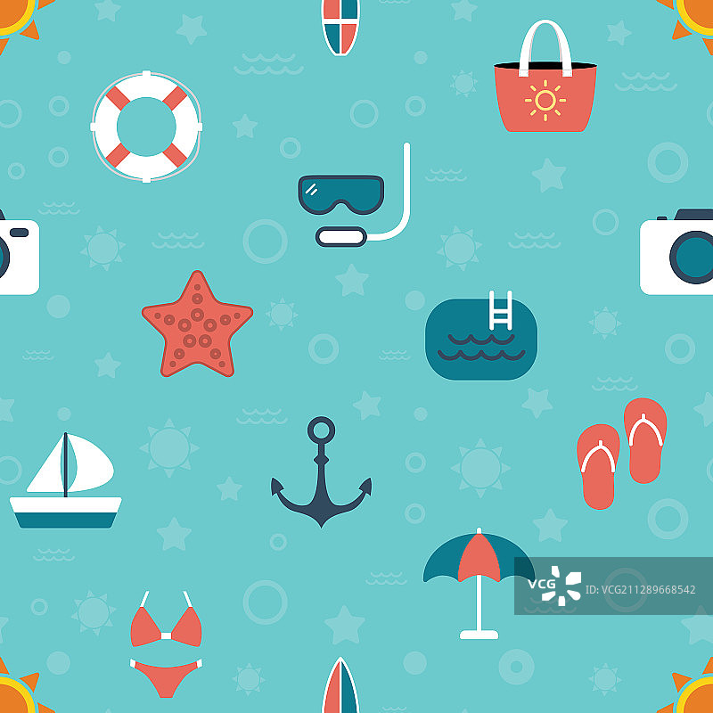 蓝色夏季海滩图标无缝图案图片素材