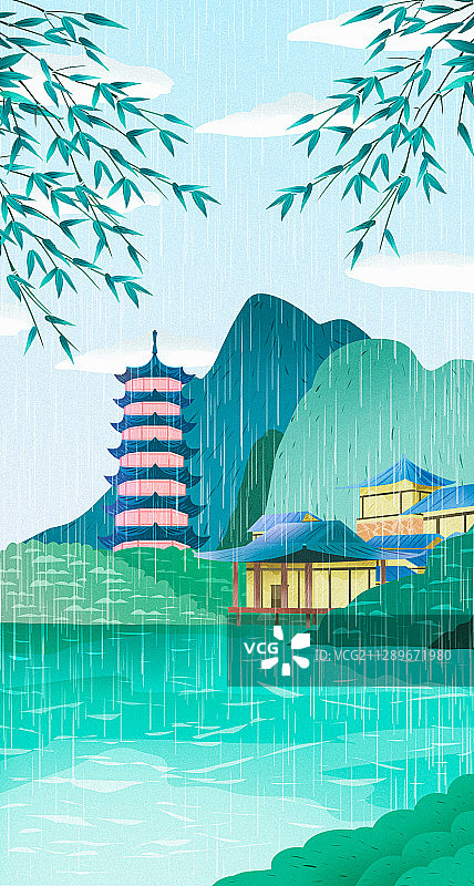 二十四节气雨水风景插画图片素材
