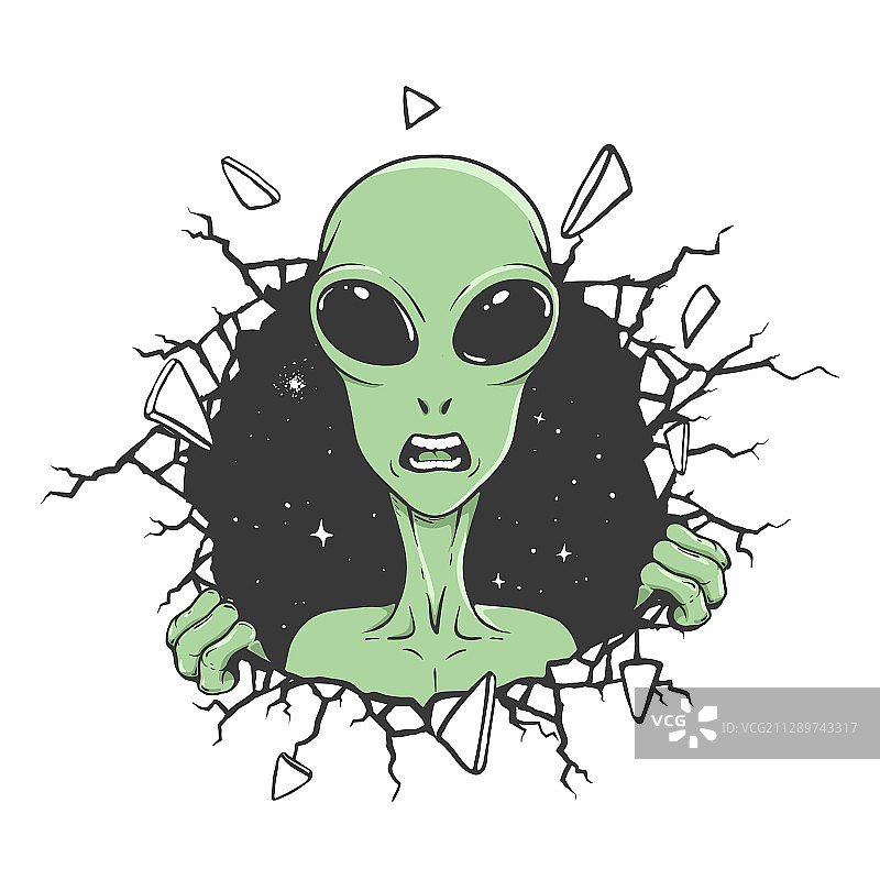 愤怒的外星人破墙而出图片素材