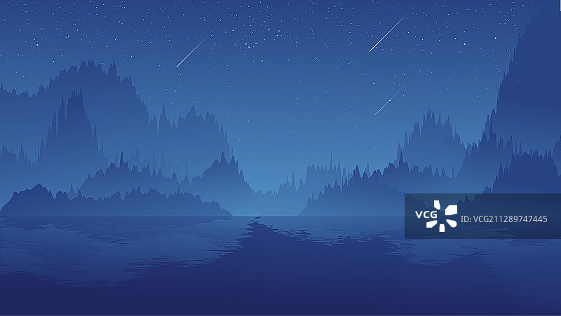 星空下的群山和湖面倒影矢量插画图片素材
