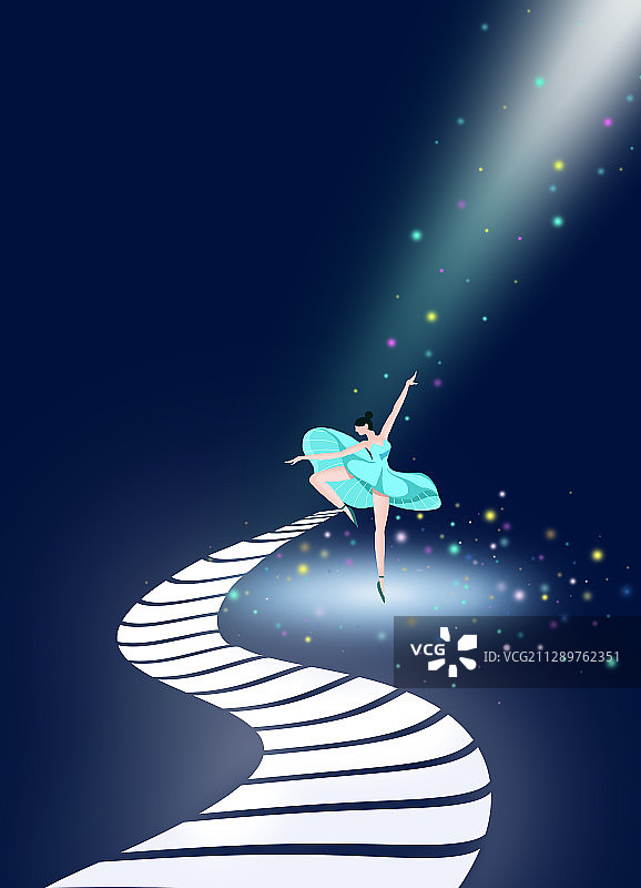 深蓝色背景夜空中聚焦的少女独舞者插画图片素材