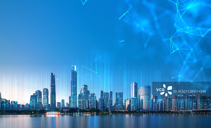 科技线条粒子合成的蓝调城市天际线图片素材